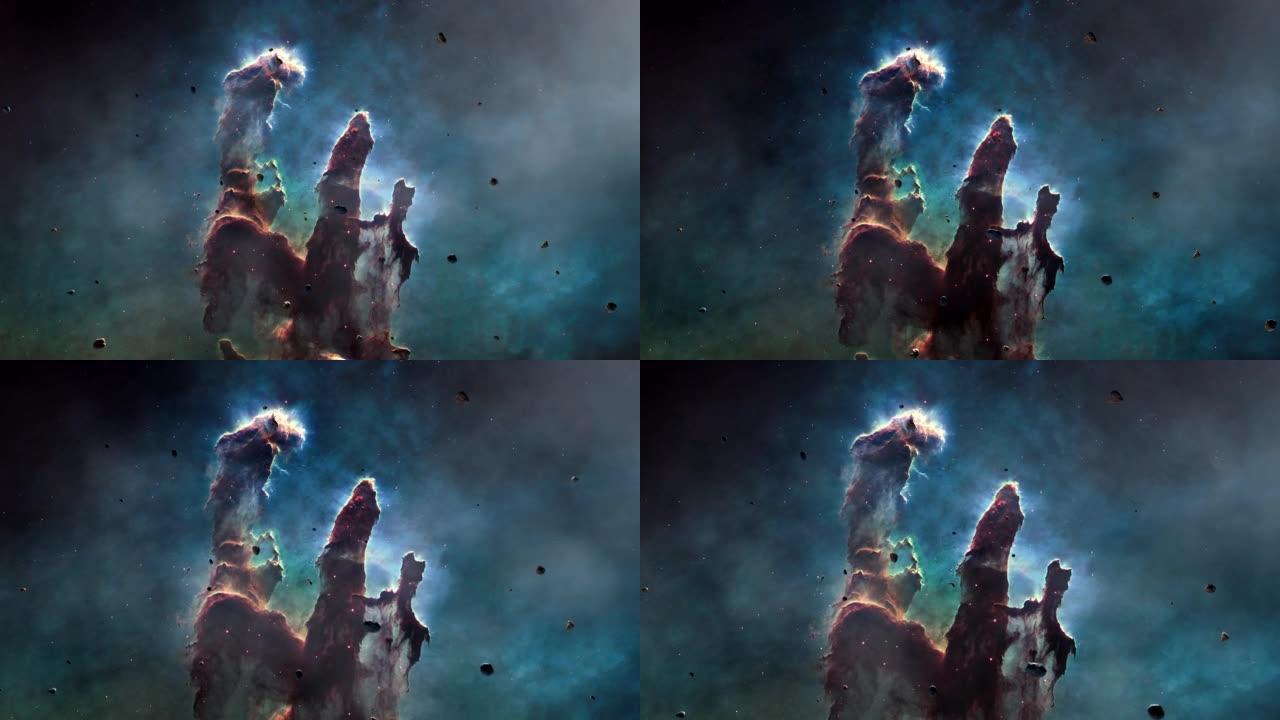 星系太空飞行探索梅西耶16鹰星云的太空岩石。4k循环动画，飞越发光的星云，云和星星场。