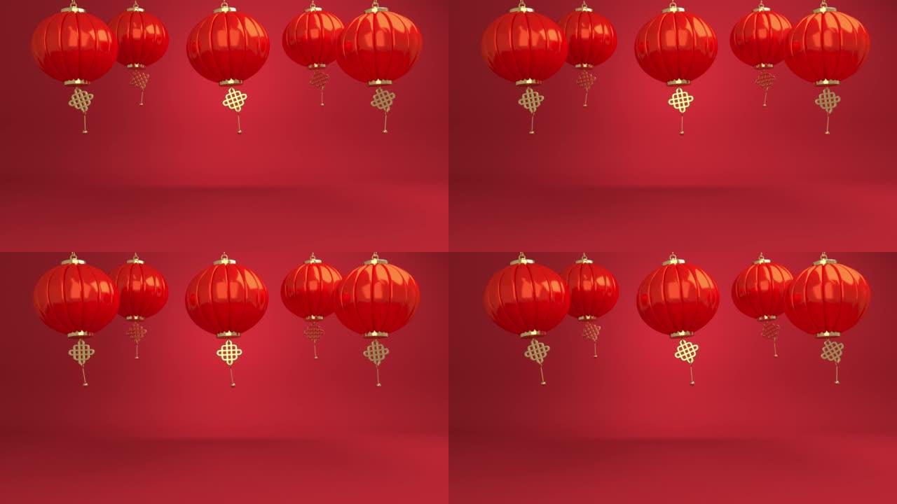 红底中式动画灯笼。快乐的中国新年2022年虎年，剪纸花和具有工艺风格的亚洲元素。Web卡或商务横幅，
