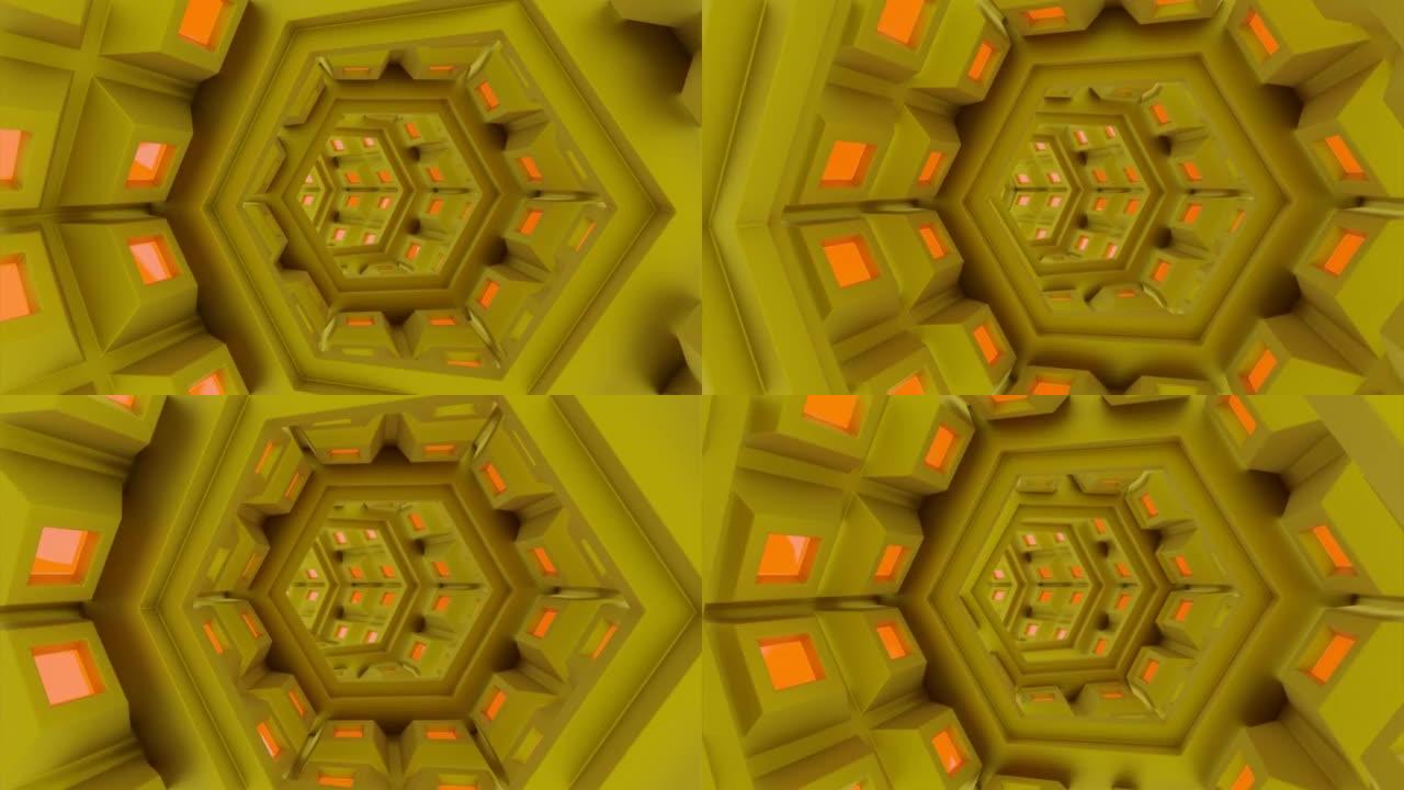 一条光隧道。设计。黄色的路径，周围有橙色的小方块，在抽象中向内移动。
