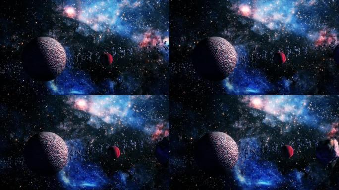 通过外太空向中心发光银河系探索外星球。4k循环动画，飞越发光的星云，云和星星场。