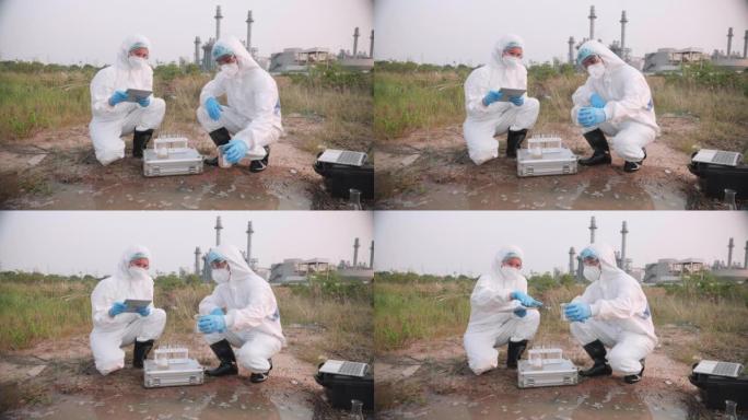 穿着防护服和口罩的科学家团队对工厂废水进行了采样