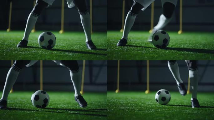 职业足球运动员在足球场上训练假人和假人，腿和球的特写镜头