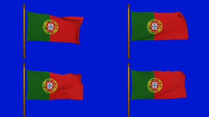 3D渲染的葡萄牙国旗，彩色键上的旗杆，葡萄牙共和国国旗纺织品，葡萄牙独立日的盾徽，浑天仪和葡萄牙盾