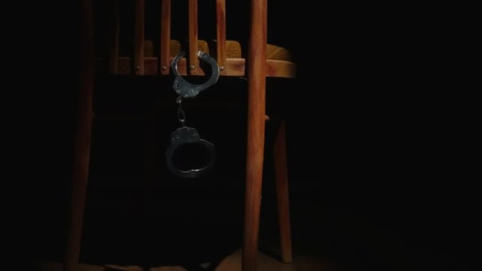 在黑暗的房间里，手铐被链子拴在椅子上，吊在椅子上摇摆