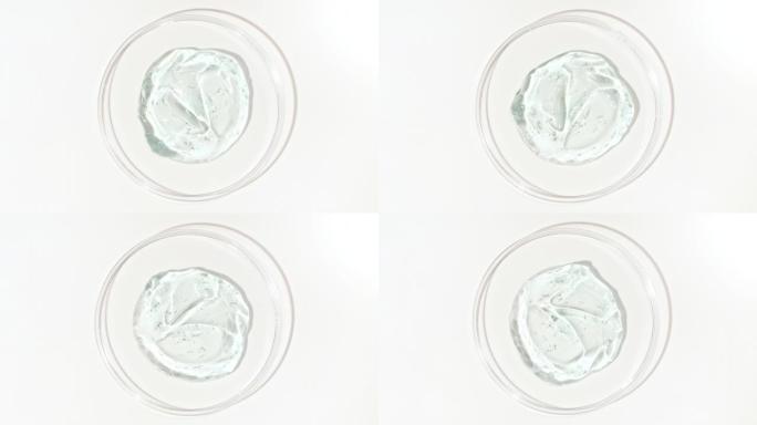 在Petri玻璃碗中带有气泡的透明蓝色化妆品凝胶液的旋转。宏丸血清、乳膏、透明质酸。有机化妆品，药品