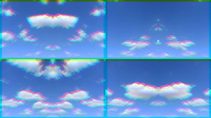 镜头上的RGB效果颜色。
蓝色多云的天空背景，延时4k。美丽蓬松的云快速移动。