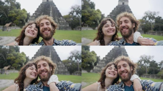蒂卡尔金字塔背景下的异性恋夫妇自拍