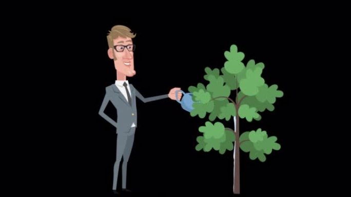 卡通优雅商人角色种植金钱树与阿尔法频道动画