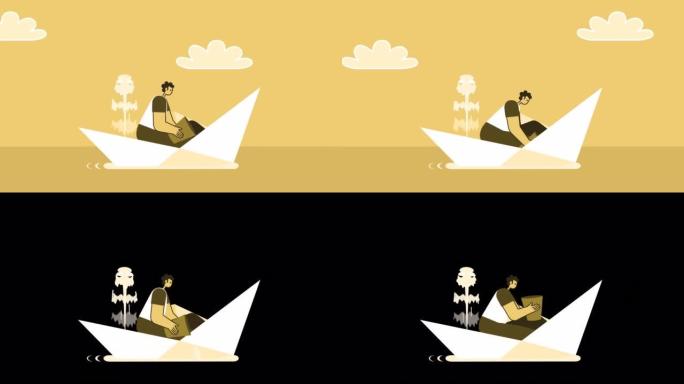 黄色风格的男人平字从下沉的纸船中救出水。孤立循环动画