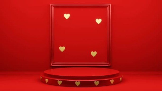红色讲台，带有心形和方形戒指。情人节，