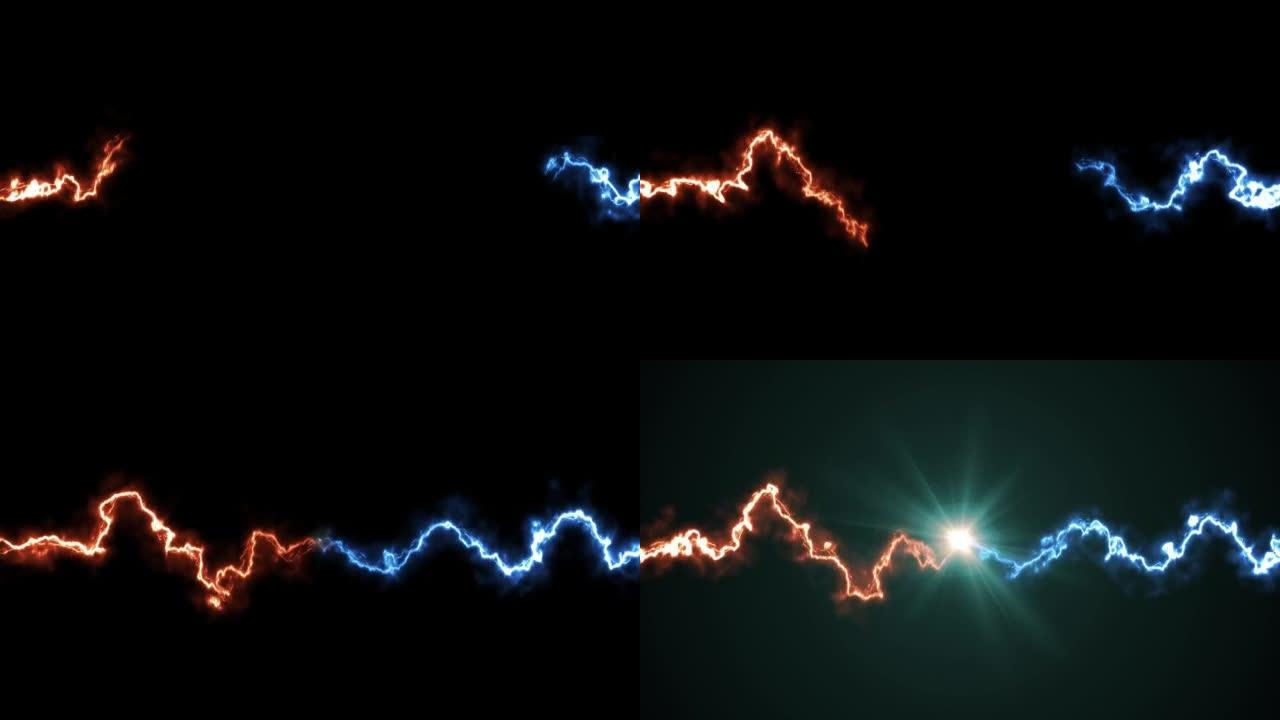放电碰撞。蓝色和红色冲动休克能量爆炸。黑色背景上孤立的闪光闪电效果。3d动画。科幻未来或幻想霹雳元素