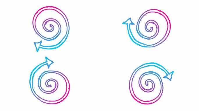 螺旋箭头旋转的动画图标。粉色蓝色符号旋转。循环视频。手绘矢量插图孤立在白色背景上。
