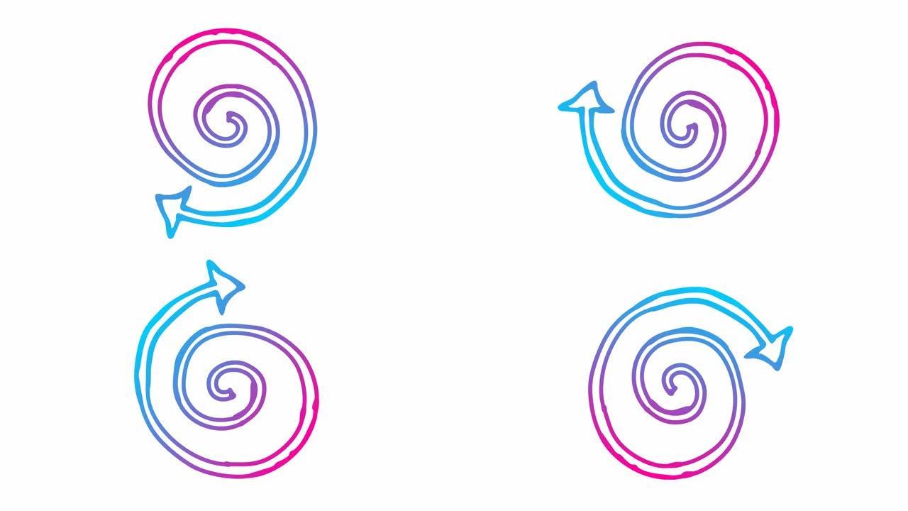 螺旋箭头旋转的动画图标。粉色蓝色符号旋转。循环视频。手绘矢量插图孤立在白色背景上。