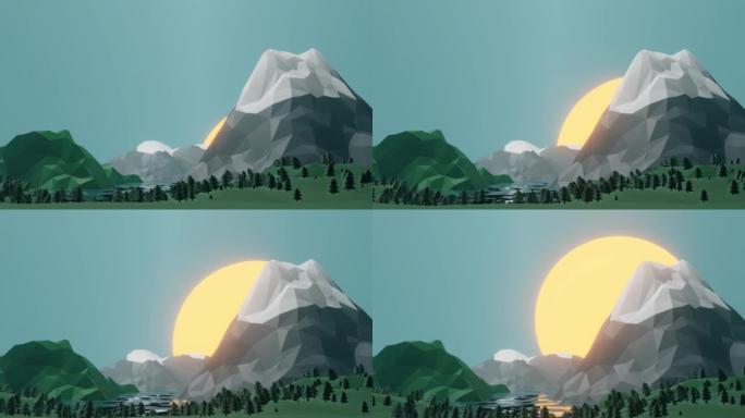 低保利山景观背景。多边形形状的山峰，顶部有雪，周围有树。日落壁纸。3d渲染插图。设计的背景图案。
