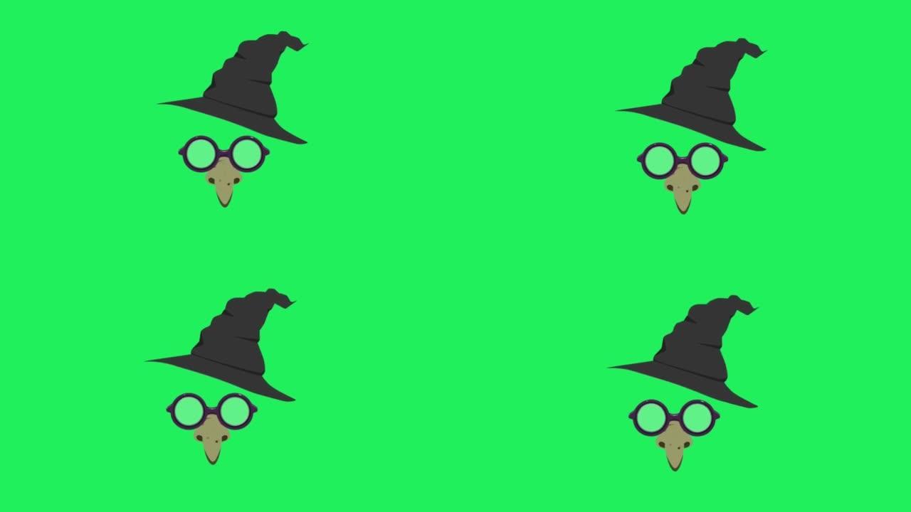 动画面具女巫隔离在绿色背景。
