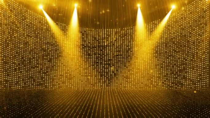 金色粒子聚光灯闪耀在闪烁的舞台背景上