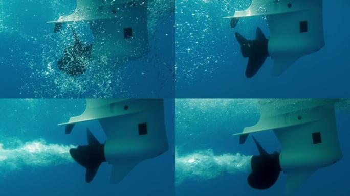 船用螺旋桨的水下视点旋转水下产生发动机产生气泡螺旋轨迹