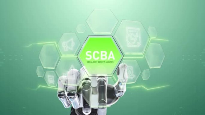 SCBA社会成本效益分析机器人手触摸，触摸未来，界面技术，用户体验的未来，旅程和技术概念，数字屏幕界