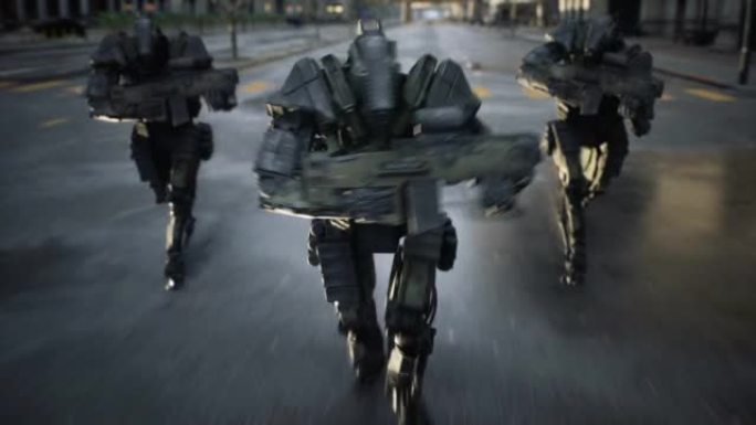 机器人警卫在一个未来的城市中快速执行任务。街道上的军事机器人。未来城市的概念。动画是未来、网络、小说