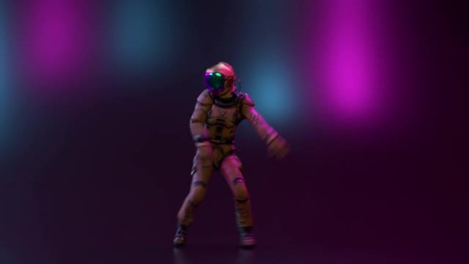 穿着宇航服的宇航员在夜总会里跳迪斯科舞。紫蓝色闪烁霓虹灯。无缝循环的3d动画