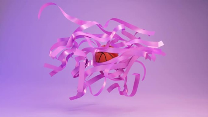 体育概念。篮球将穿过漂浮的粉红丝带。紫色粉色。摘要背景。