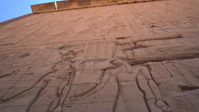 登德拉神庙建筑群雕刻石墙近景与古埃及文明广角全景