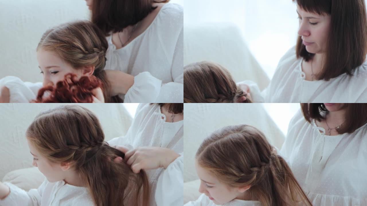 年轻母亲的肖像编织了女儿的头发。