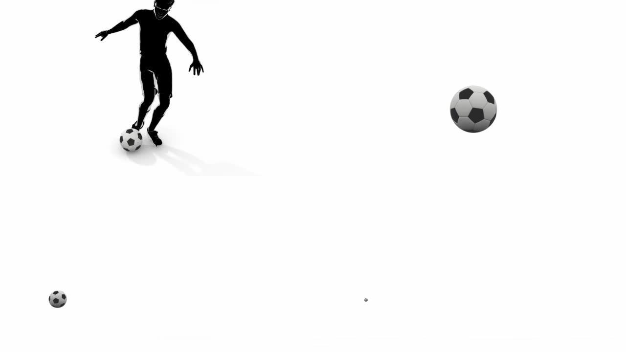 踢足球。足球比赛。剪影男性动作。球向上屏幕。
