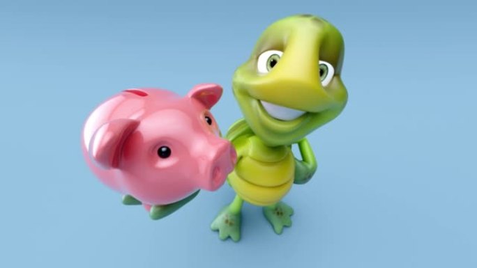 带存钱罐的乌龟的4k有趣3D卡通动画