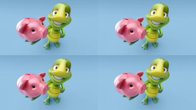 带存钱罐的乌龟的4k有趣3D卡通动画
