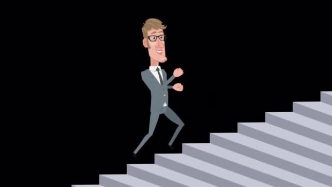 卡通优雅商人角色爬楼梯跑步动画与阿尔法频道