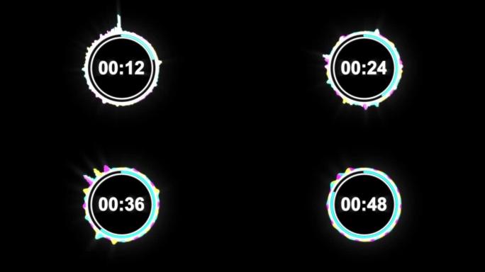 1分钟倒计时。计时器。倒计时60秒。一分钟霓虹灯倒计时。LED显示屏的LCD像素纹理。1分钟电霓虹灯