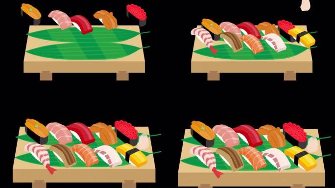 日本的寿司与寿司盛开的小木架子成一排