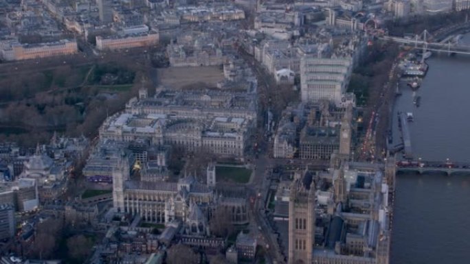 英国伦敦国会大厦和白厅的鸟瞰图。4K