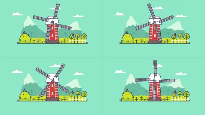 田野里有风车的山地景观