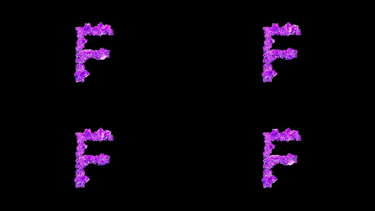 玫瑰宝石字母F在黑色孤立循环视频上带有动画反射