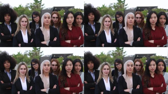 多种族的商业女性在镜头前看起来很认真