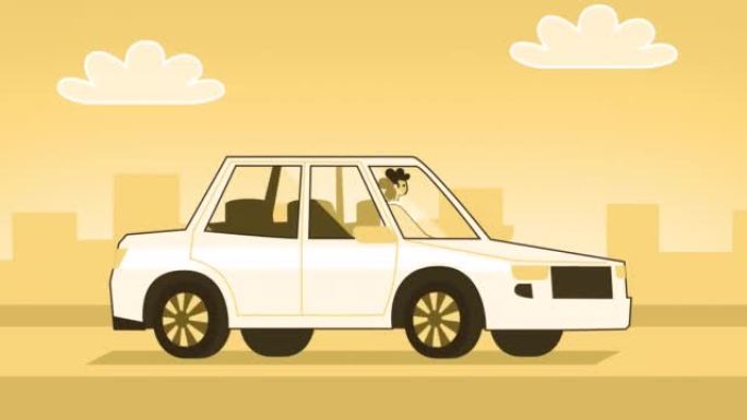 黄色风格的女人平字驾驶白色汽车。带有Alpha通道的孤立循环动画
