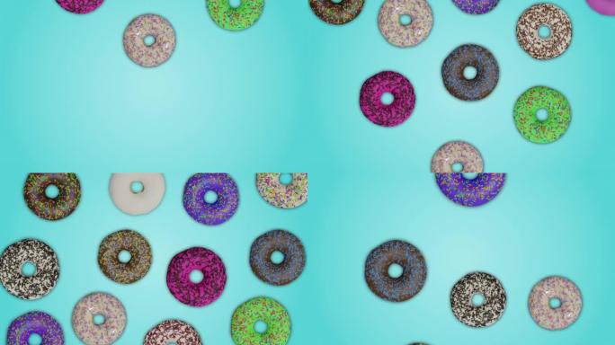 概念许多彩色甜甜圈在抽象青色背景下移动