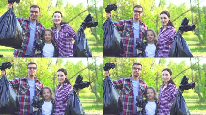 一个年轻的女孩志愿者少年和一个穿着衬衫的年轻人的肖像，手里拿着一个塑料袋，手里拿着垃圾