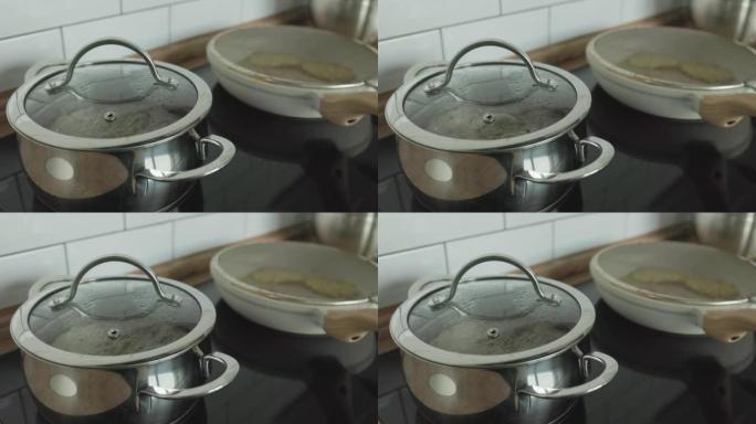 水沸腾，在开水的锅中特写镜头，开水的气泡。