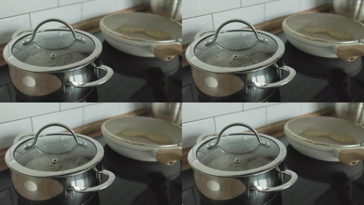 水沸腾，在开水的锅中特写镜头，开水的气泡。