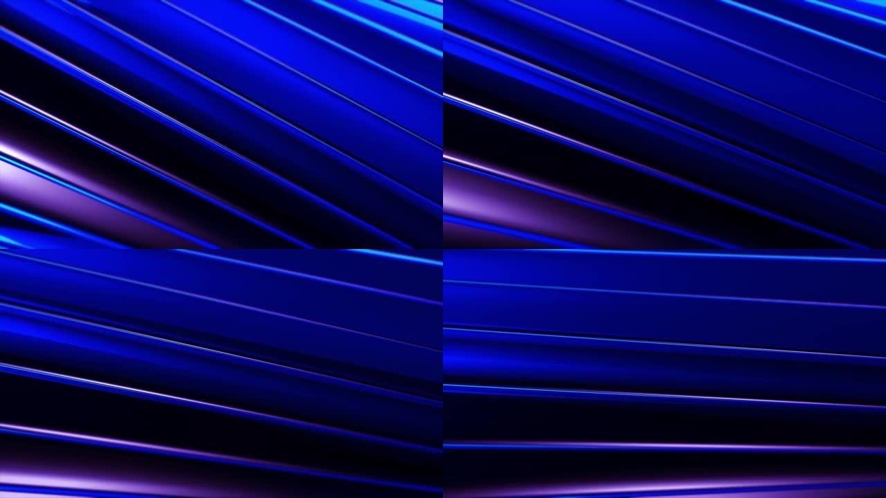 旋转缓慢的抽象管的侧视图，其外表面由蓝色长平面形成。动。纺纱单色机构，无缝循环。