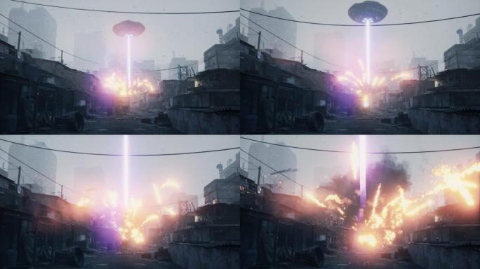 一个身份不明的飞行物用外星武器炸毁了城市贫民窟。外星入侵者建立的启示录。该动画非常适合世界末日，科幻