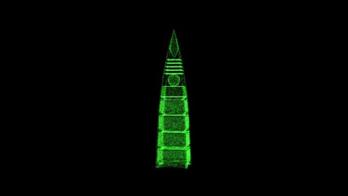 3D Al Faisaliyah塔在黑色背景上旋转。由绿色闪烁粒子组成的物体60 FPS。科学概念。