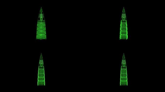 3D Al Faisaliyah塔在黑色背景上旋转。由绿色闪烁粒子组成的物体60 FPS。科学概念。
