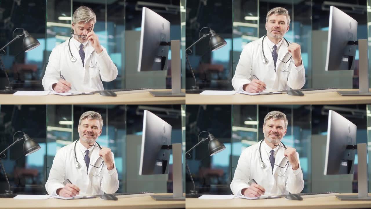 肖像老白发经验丰富的资深医生坐在医院诊所办公室工作场所的办公桌前，看着相机。