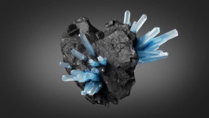 循环3d动画，上面带有蓝色石英晶体的黑色岩石，旋转的石头，神奇的金块深奥物体