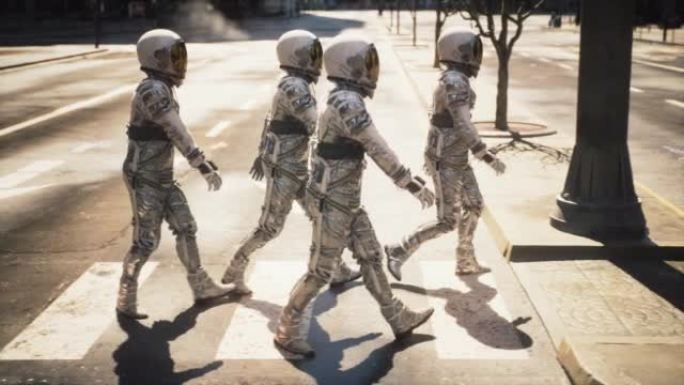 一群宇航员在大都市的人行横道上过马路。宇航员正在一个城市里行走。行走宇航员的概念。动画非常适合太空和