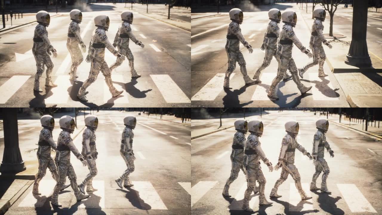 一群宇航员在大都市的人行横道上过马路。宇航员正在一个城市里行走。行走宇航员的概念。动画非常适合太空和